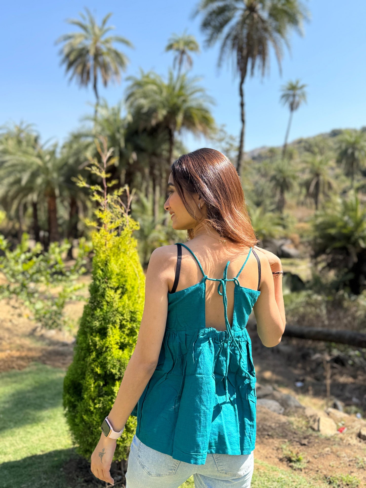 Solid Teal Colour Styled Back Top