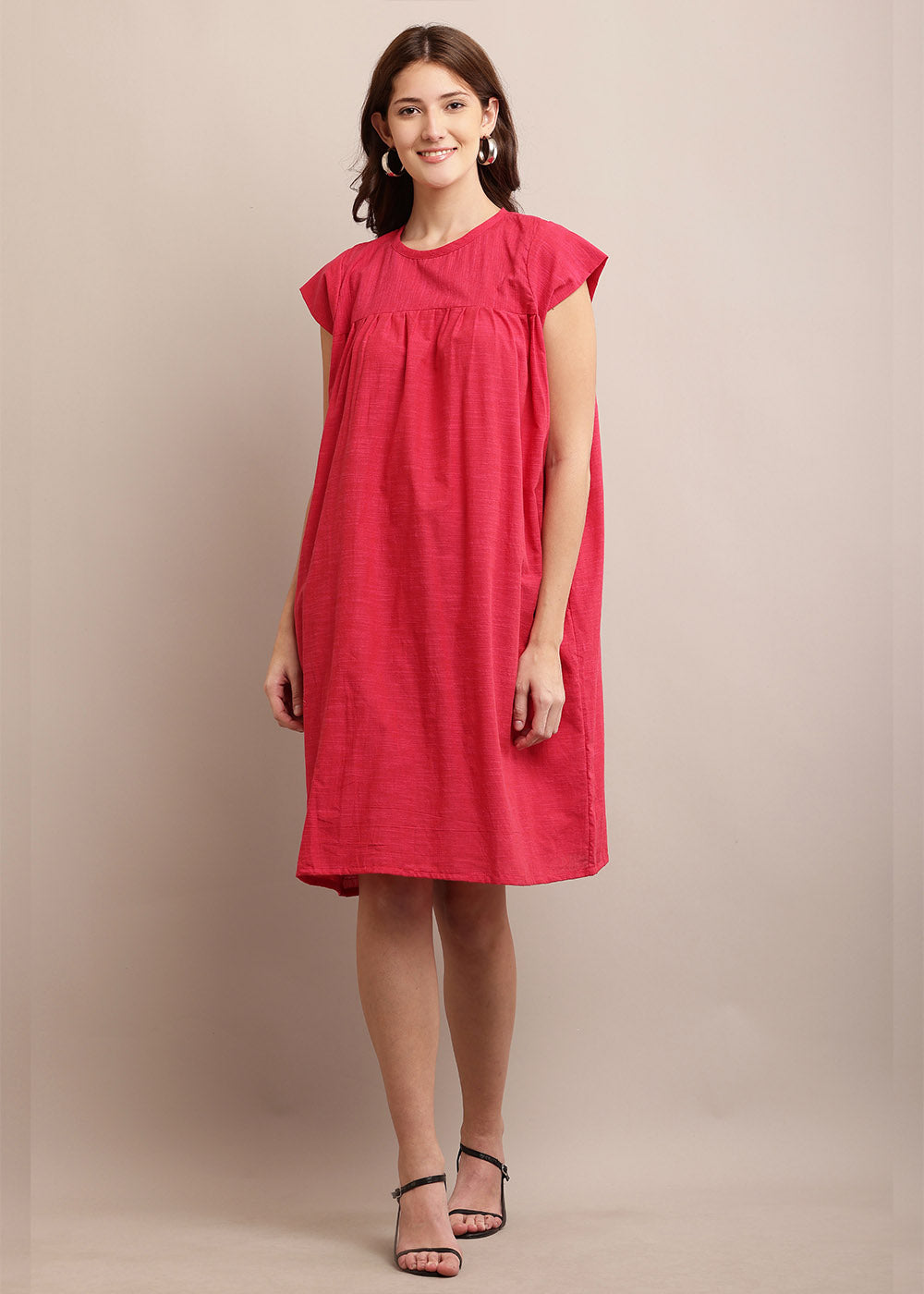 Cap Sleeve Loose Pink Colour Dress