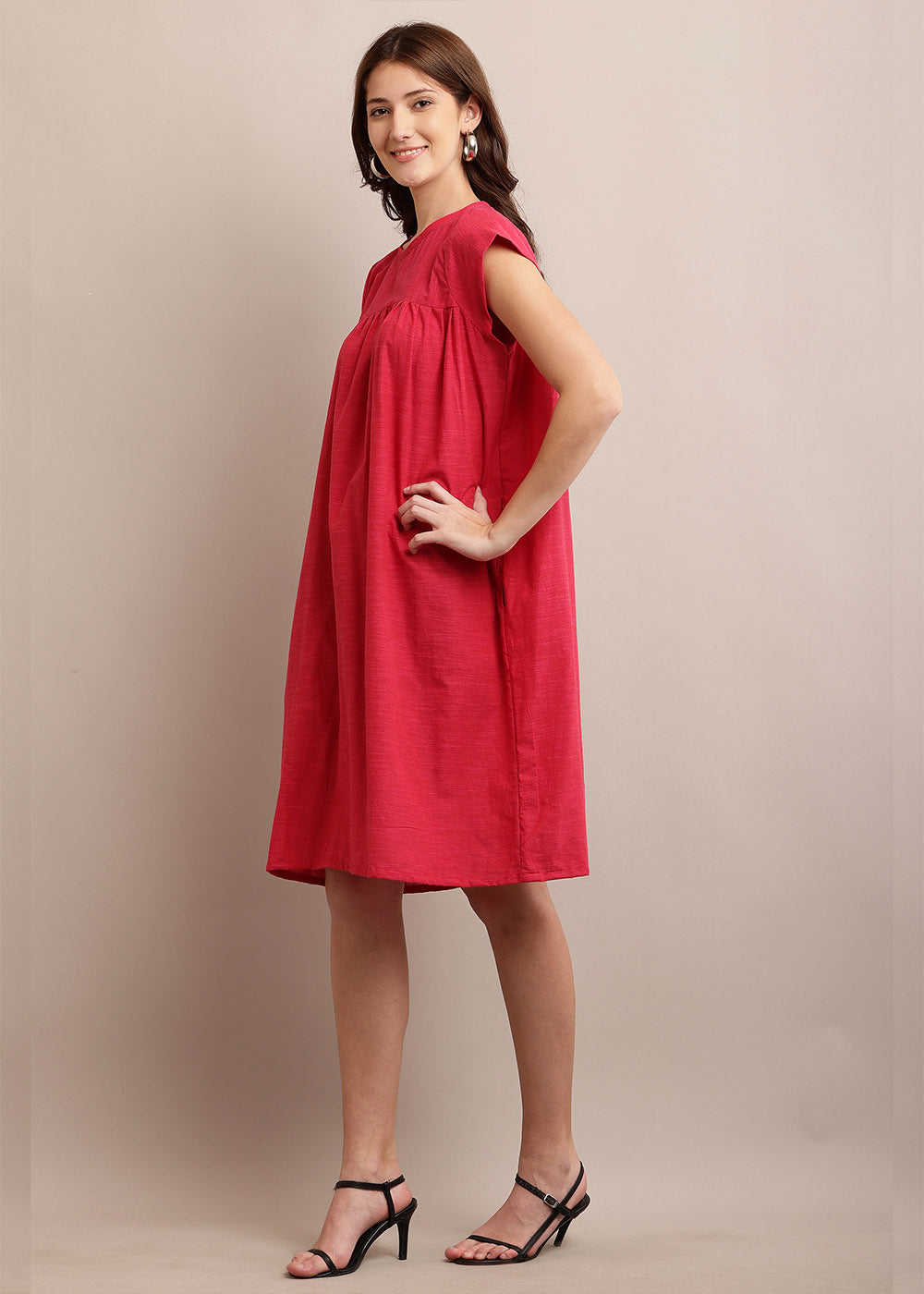 Cap Sleeve Loose Pink Colour Dress