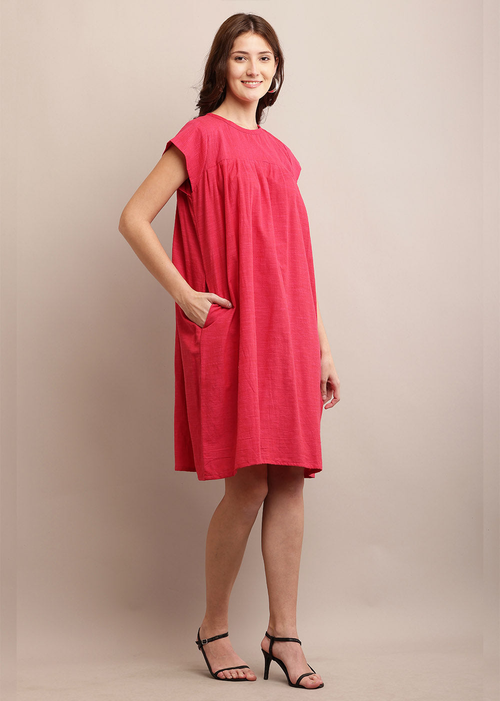 Cap Sleeve Loose Pink Colour Dress