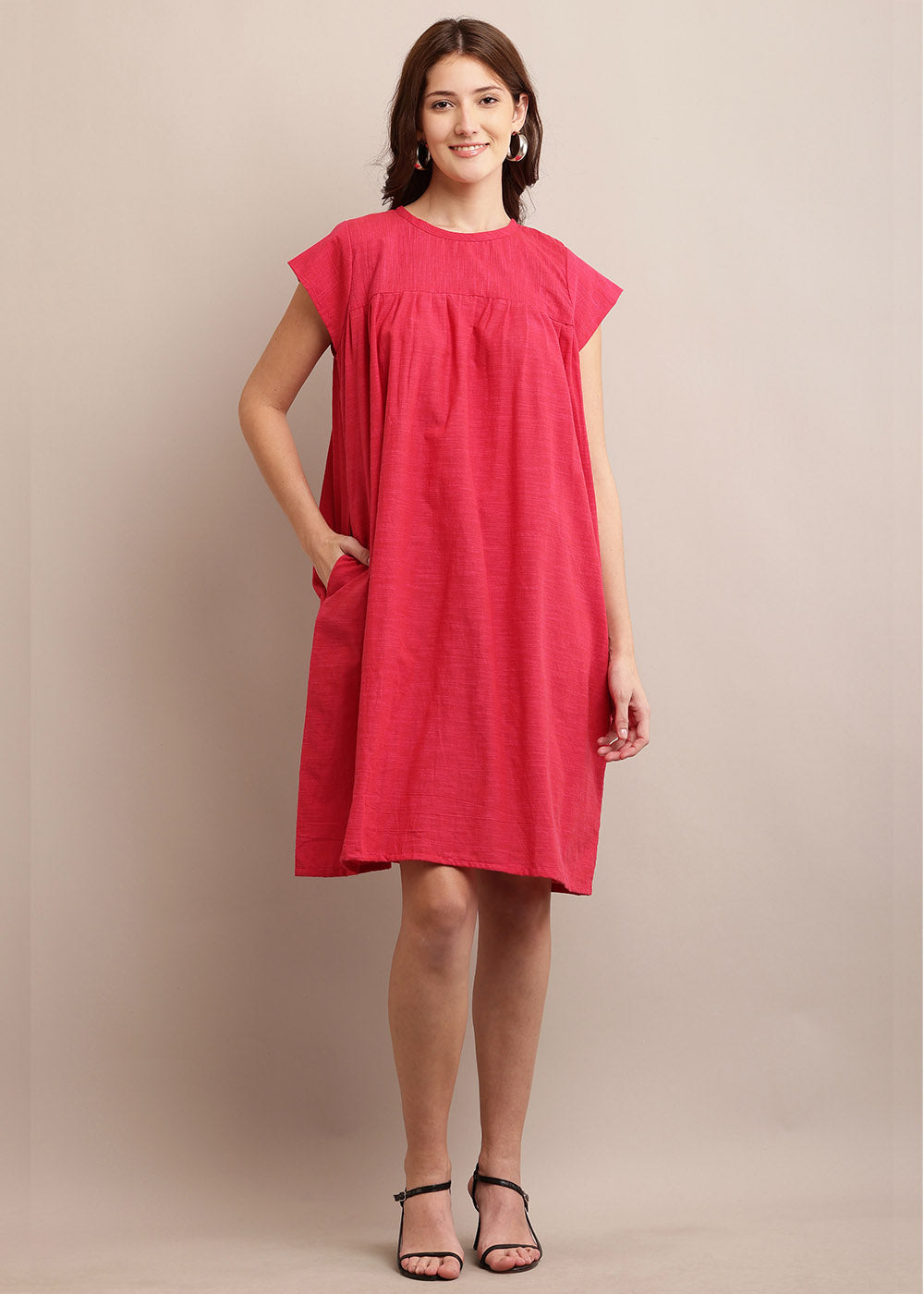 Cap Sleeve Loose Pink Colour Dress