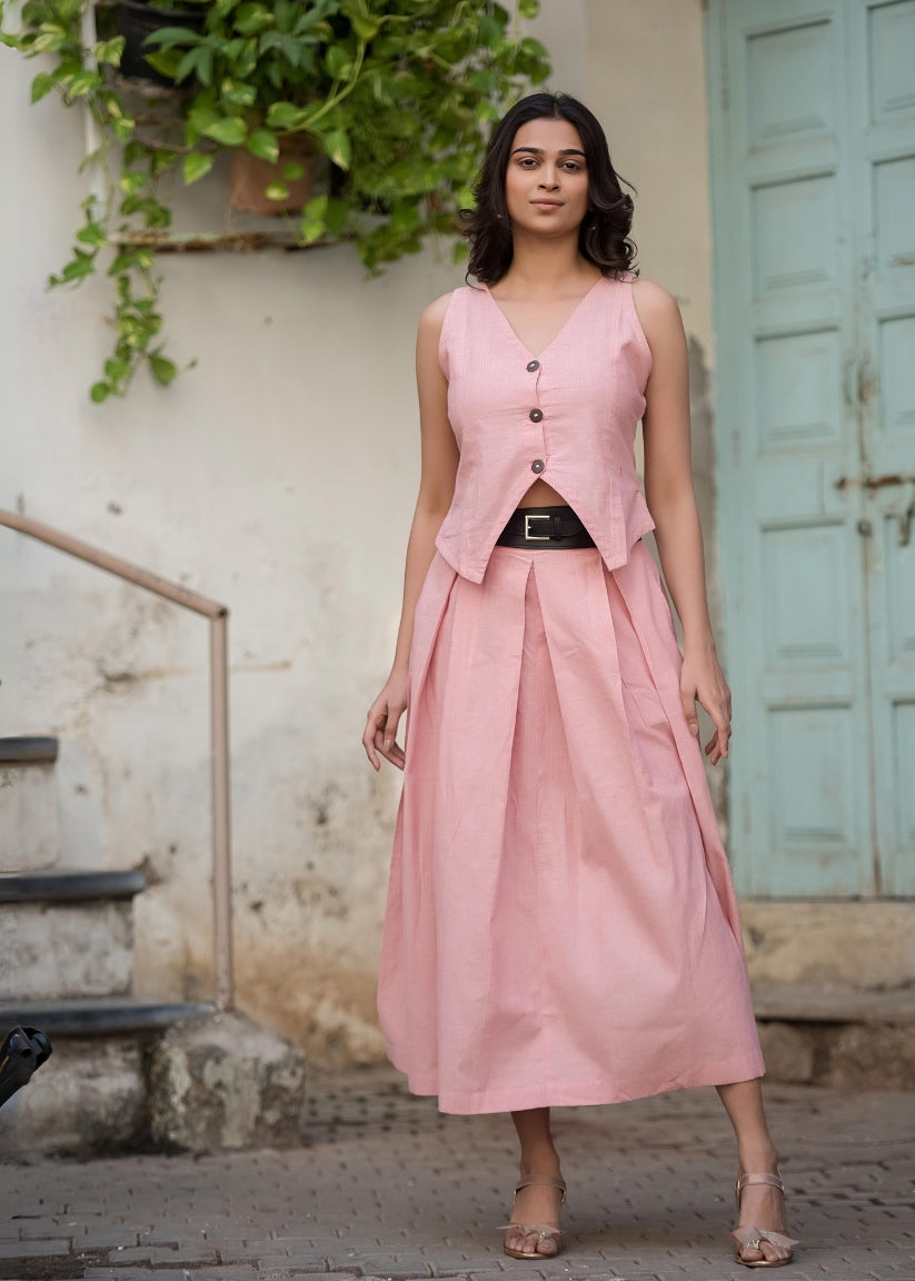 Sleeveless Vest and High-Waisted Box Pleated Midi Skirt Set