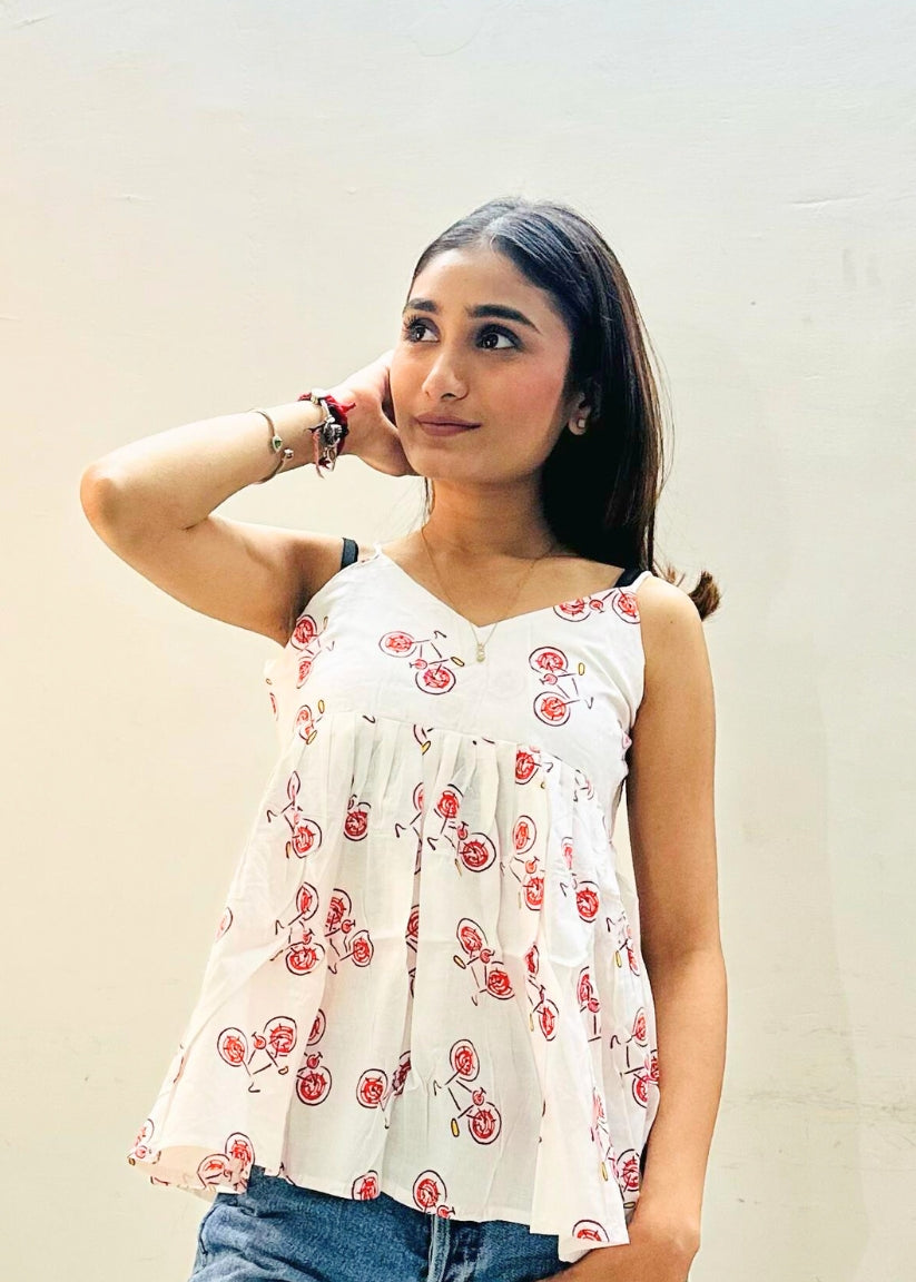 White Printed Styled Back Top