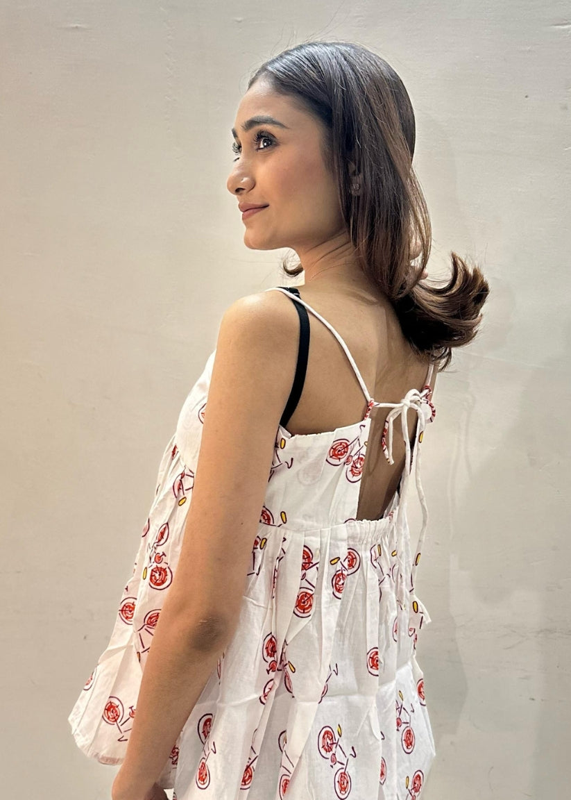 White Printed Styled Back Top