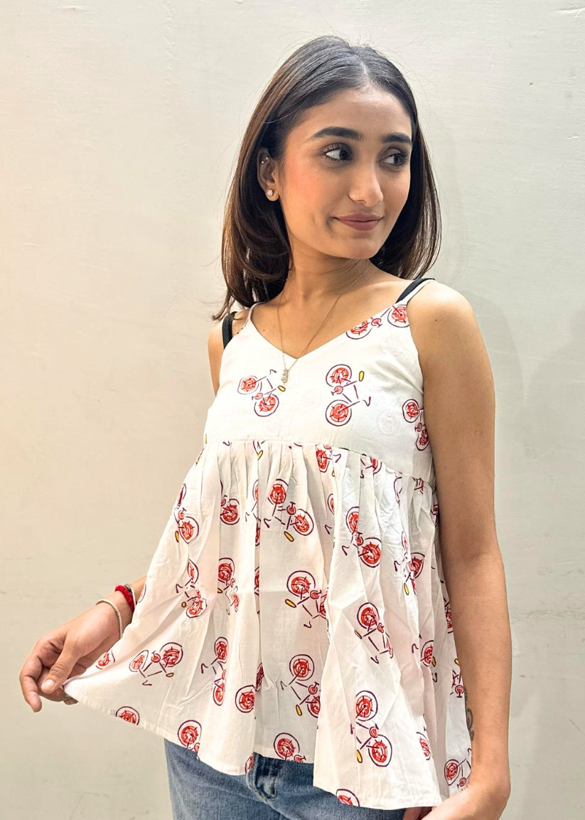 White Printed Styled Back Top