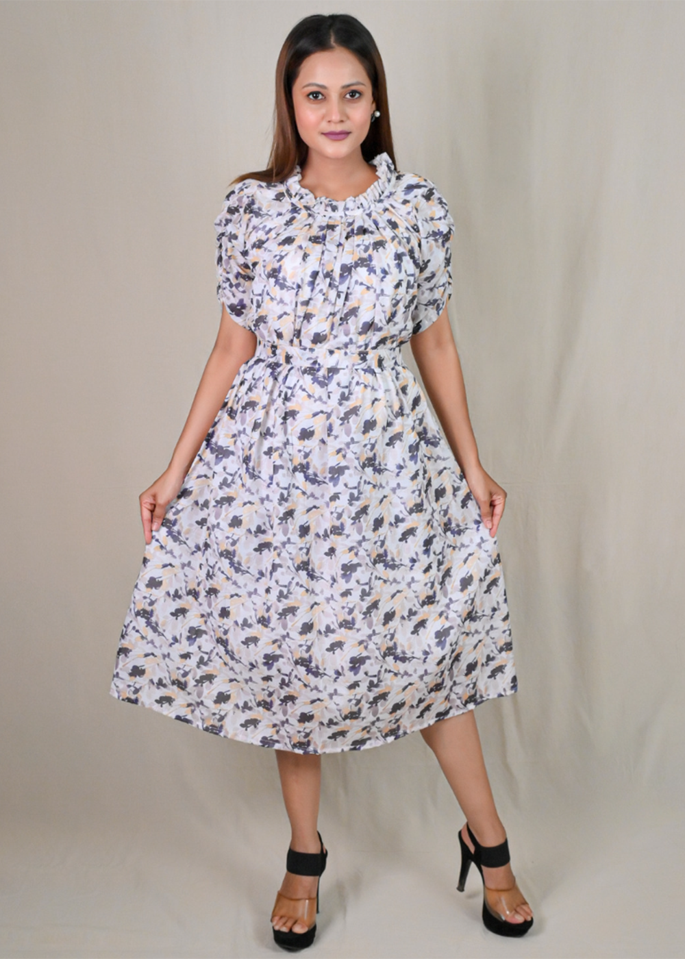 Digital Print Ruffled Neckline Dress With Belt