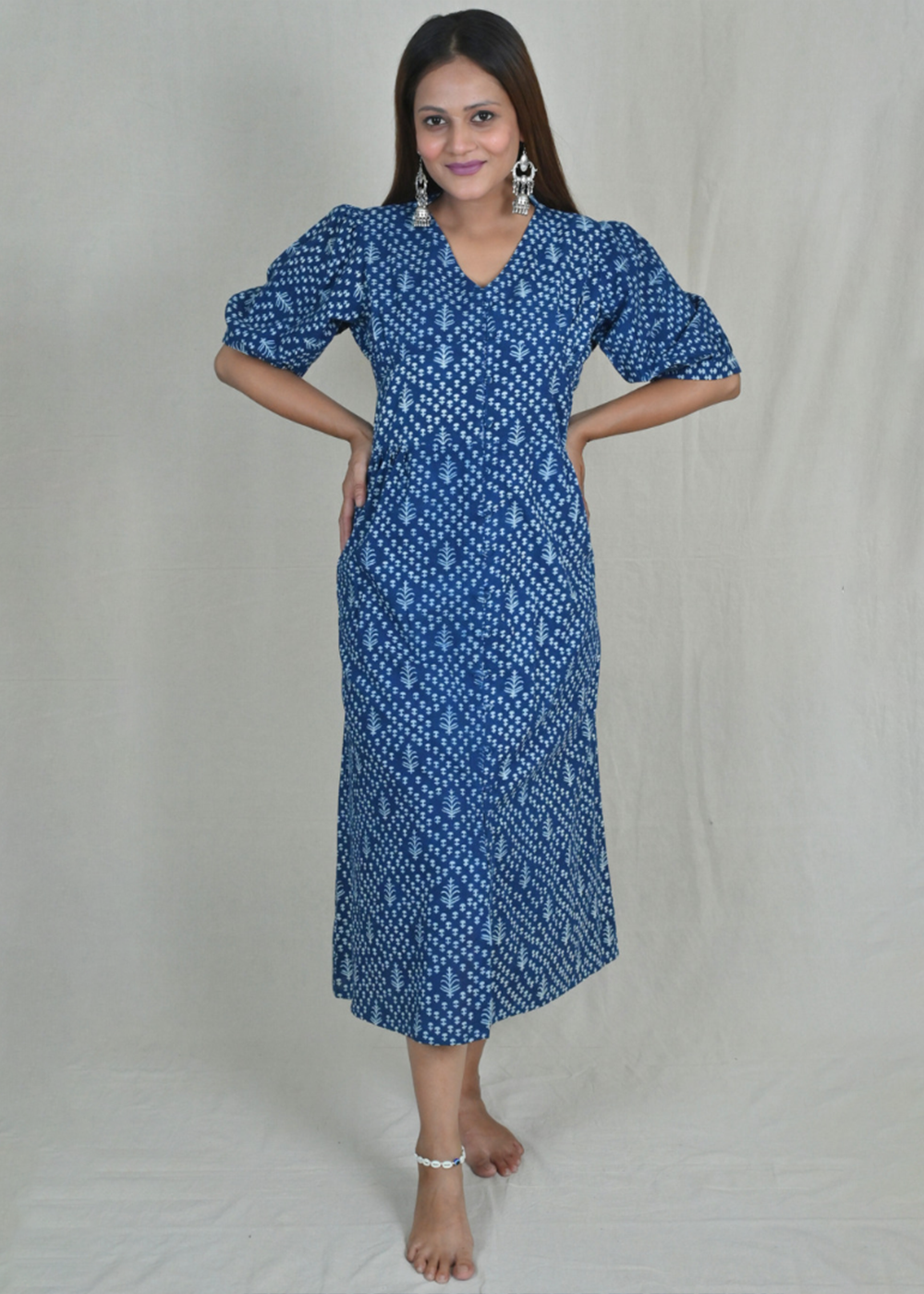 Indigo Block Print Dress With Front Slit