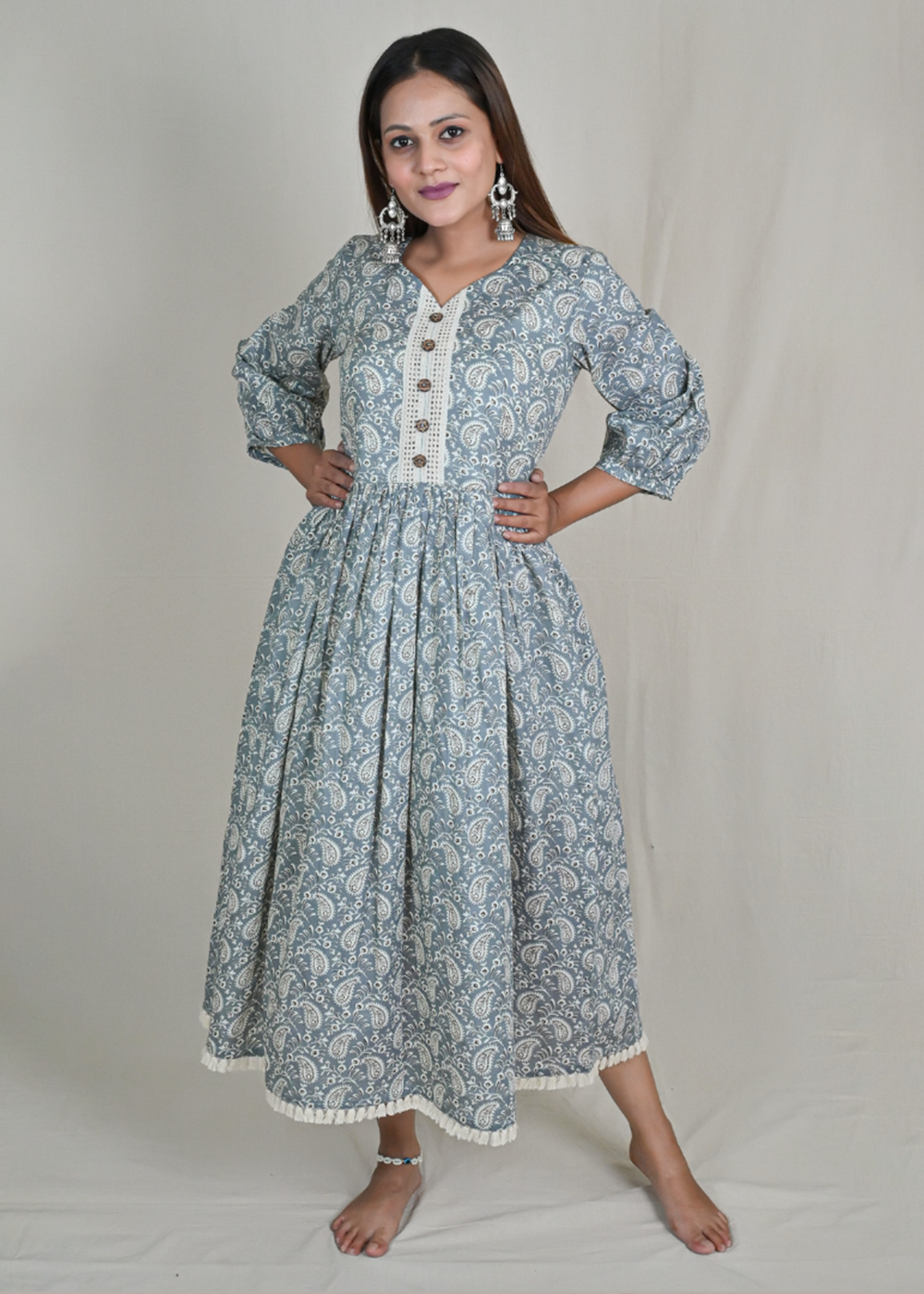 Grey Paisley Print Midi Dress