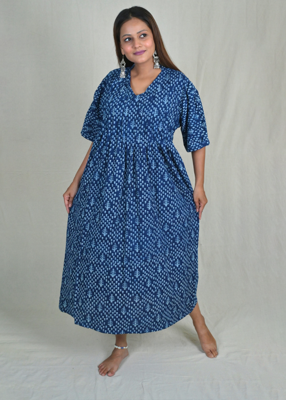 Indigo Block Print Dress With Knife Pleats On Yoke