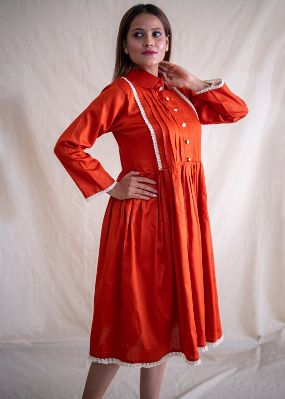 Rust Orange Dress With Pleated Yoke Design