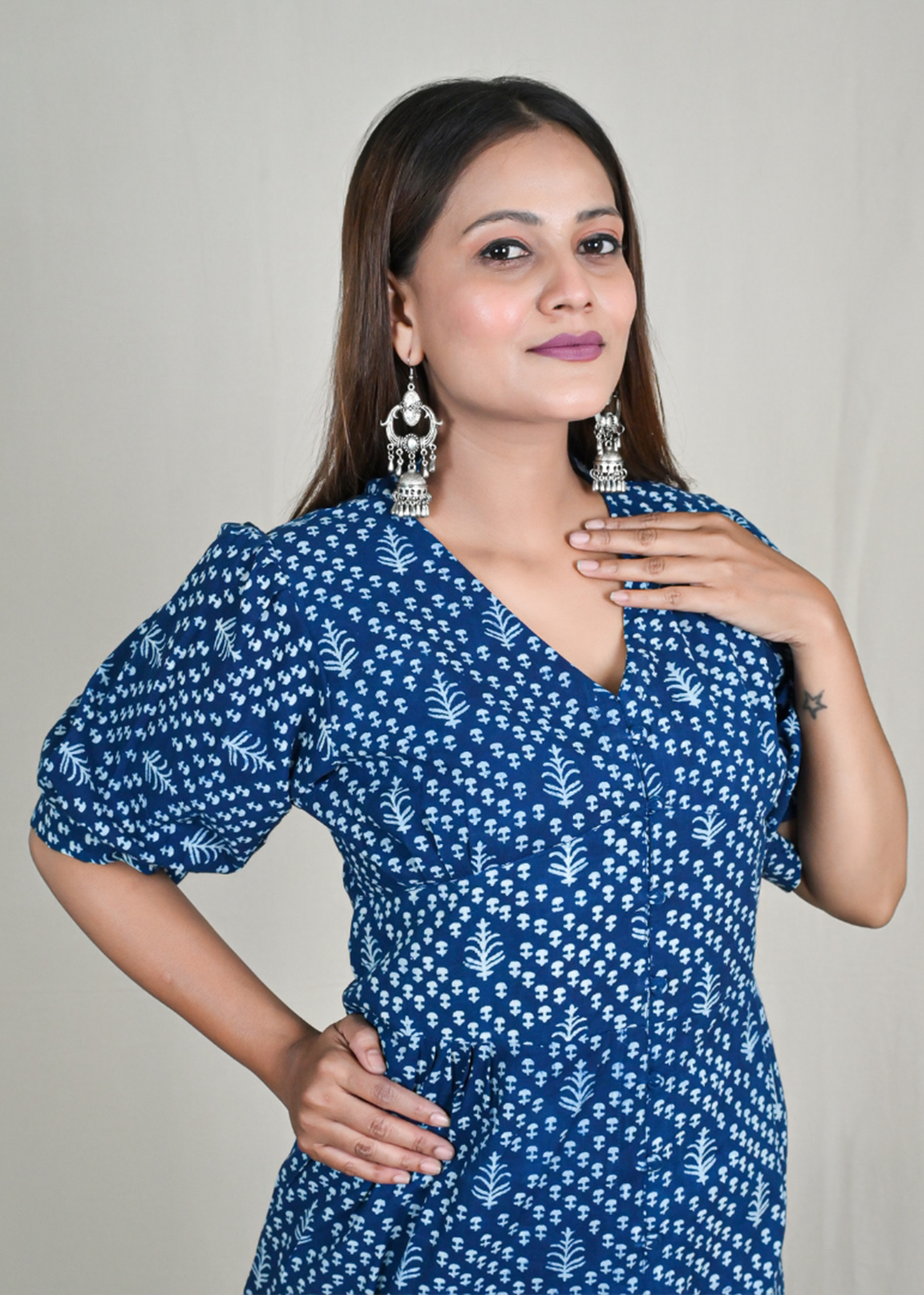 Indigo Block Print Dress With Front Slit