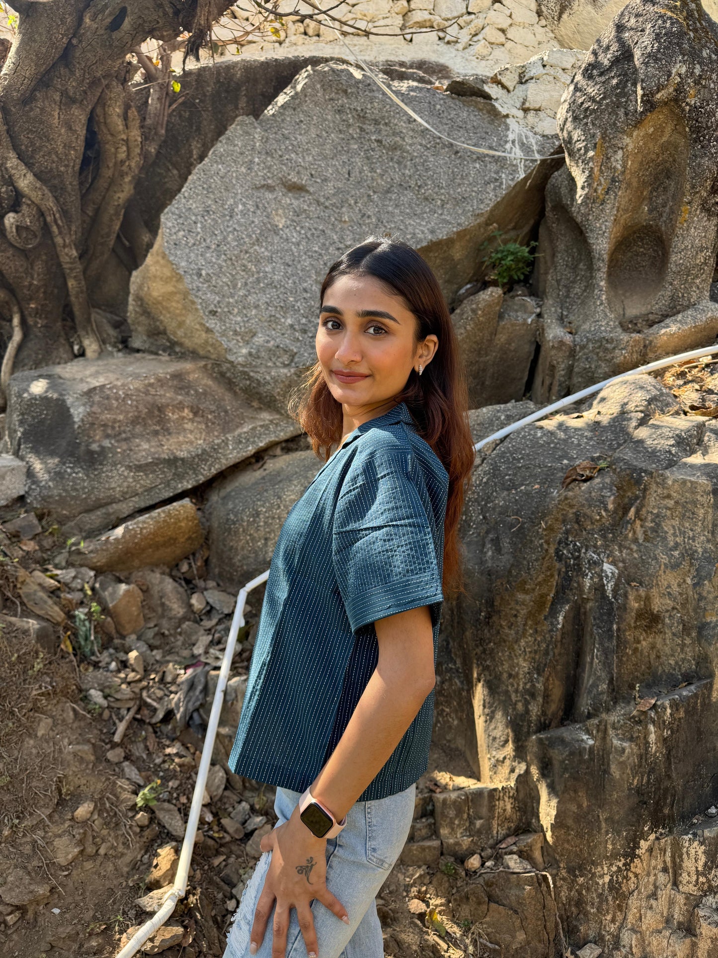 Blue Crop Shirt Top