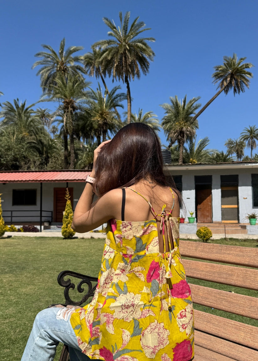 Yellow Printed Styled Back Top