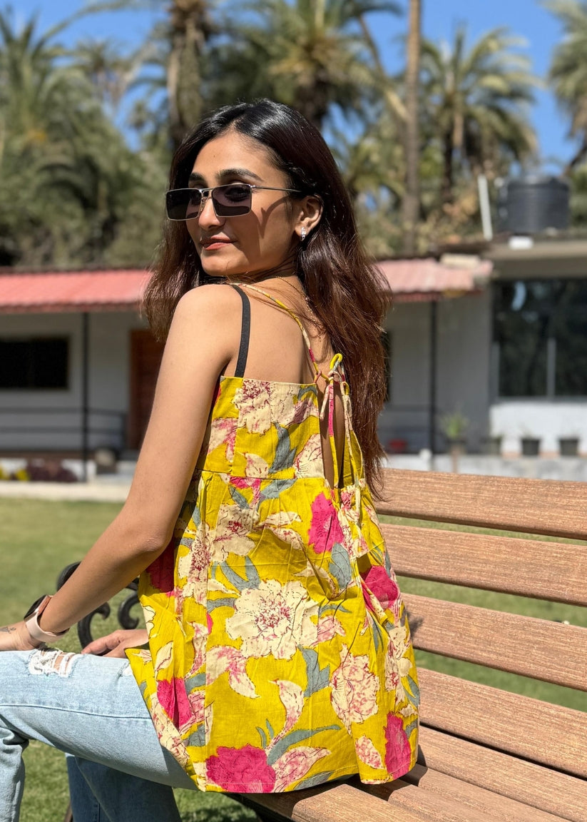 Yellow Printed Styled Back Top