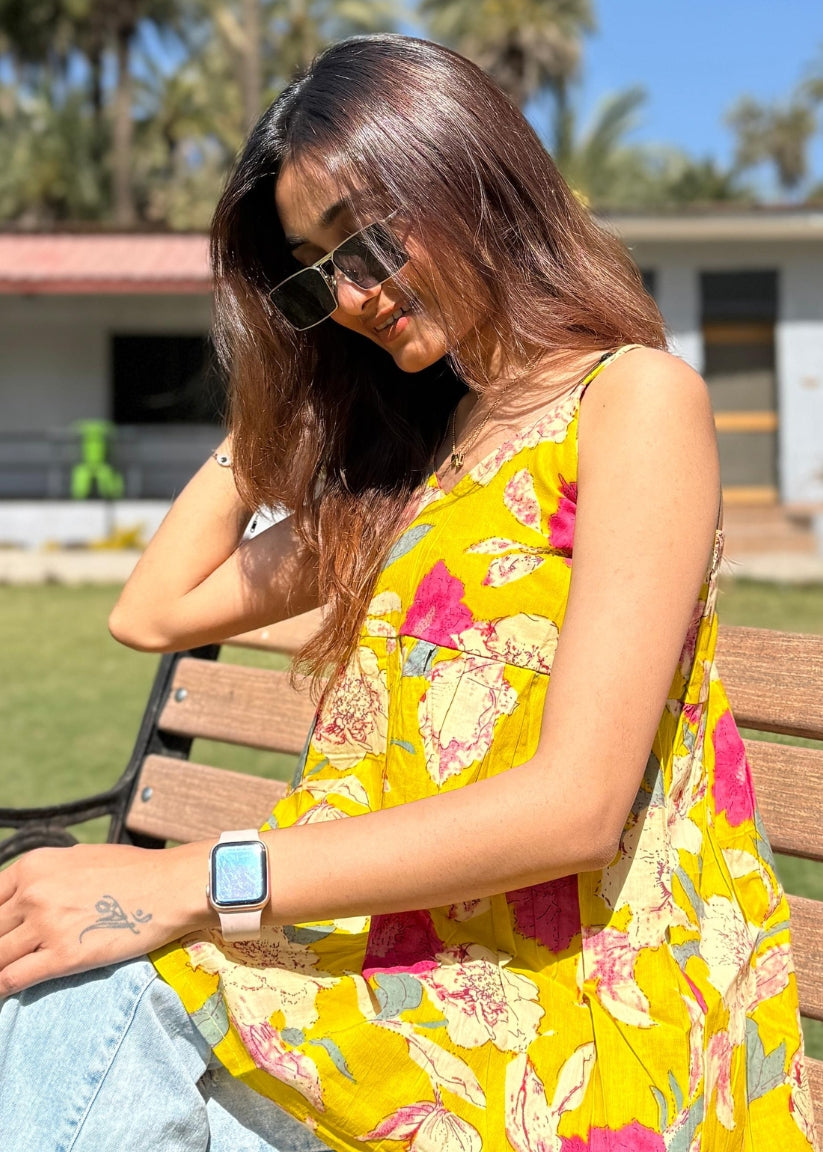 Yellow Printed Styled Back Top