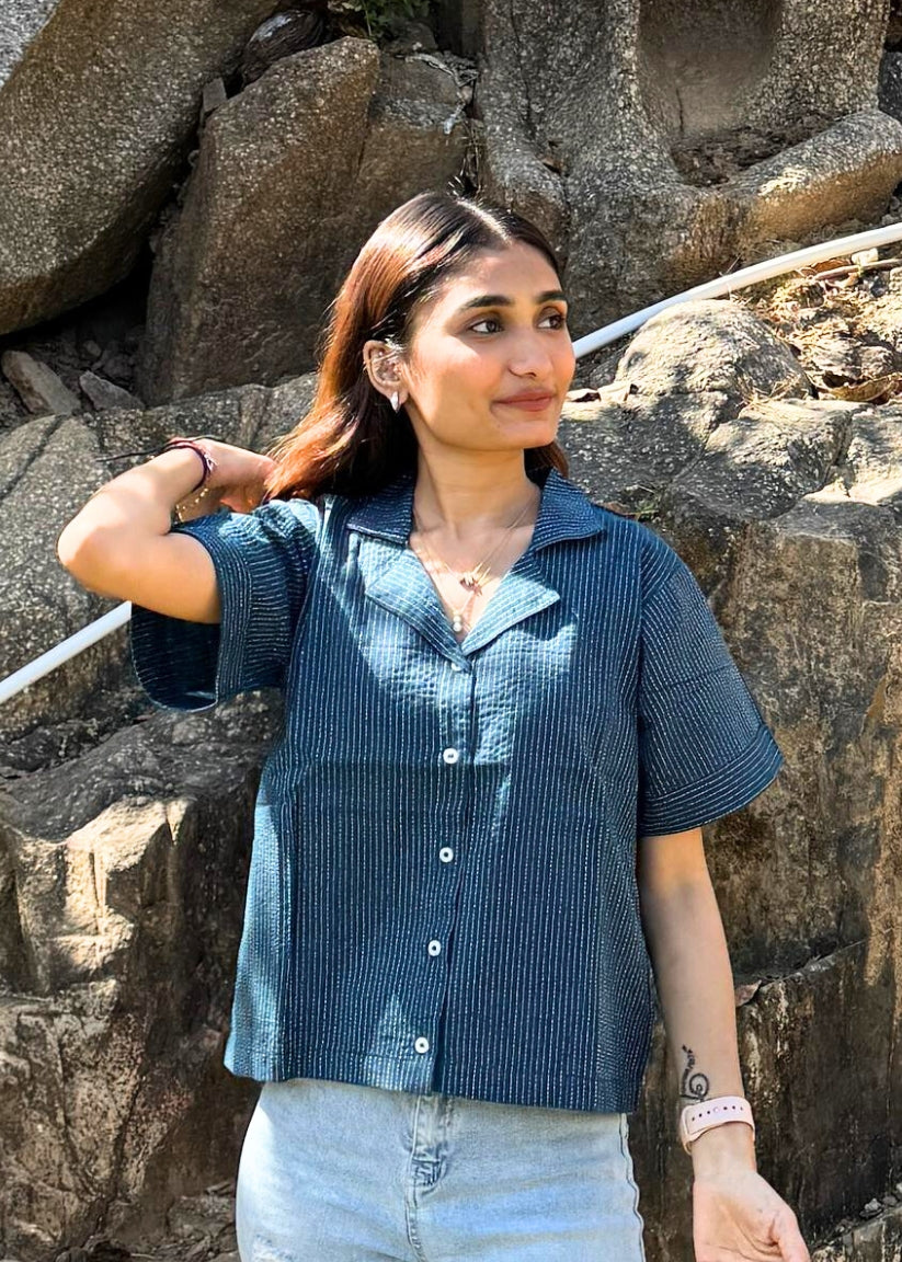 Blue Crop Shirt Top