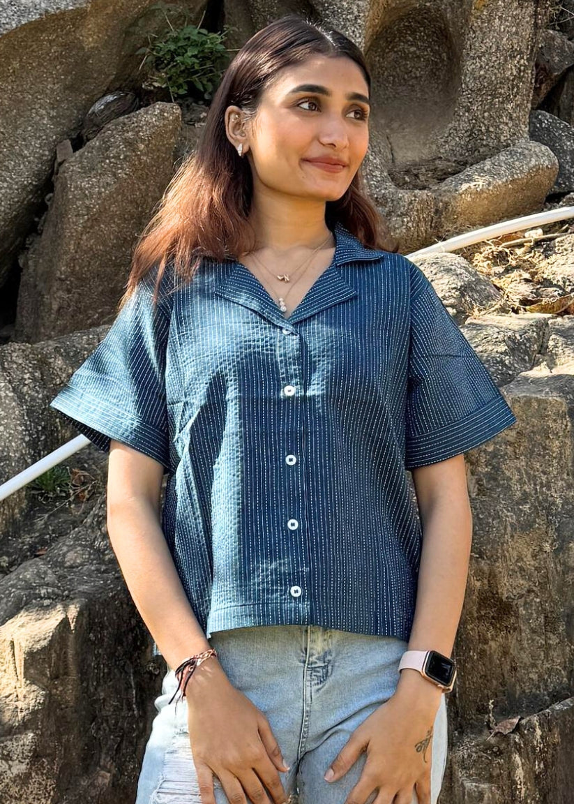 Blue Crop Shirt Top