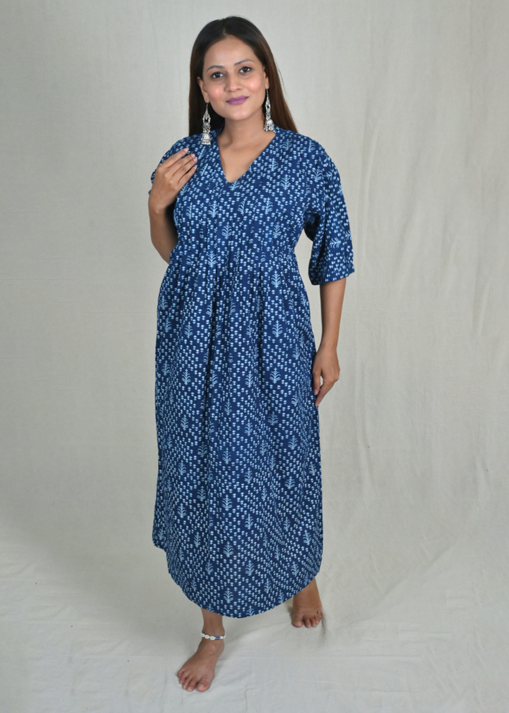 Indigo Block Print Dress With Knife Pleats On Yoke