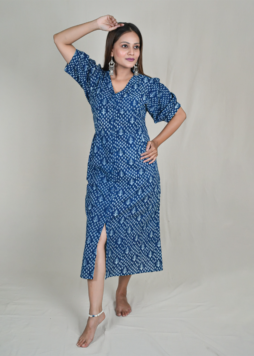 Indigo Block Print Dress With Front Slit