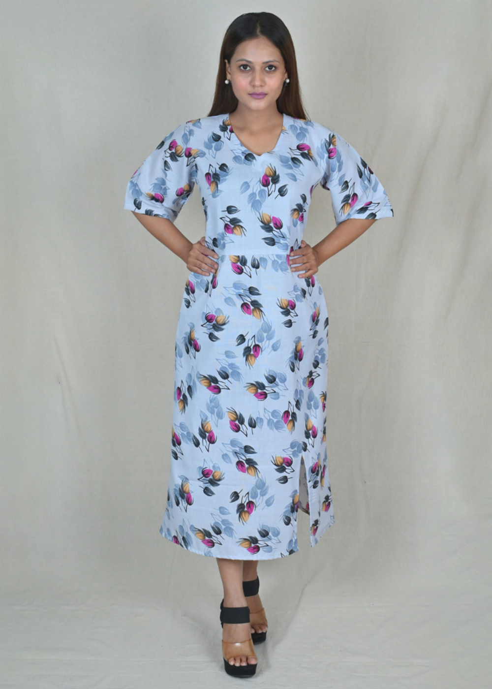 Kimono Sleeves Dress With Side Slits