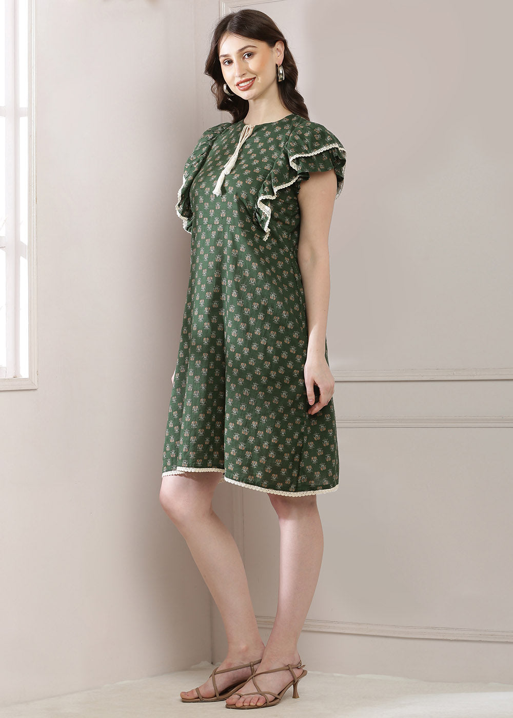 A-Line Dress In A Stunning Olive Green Print