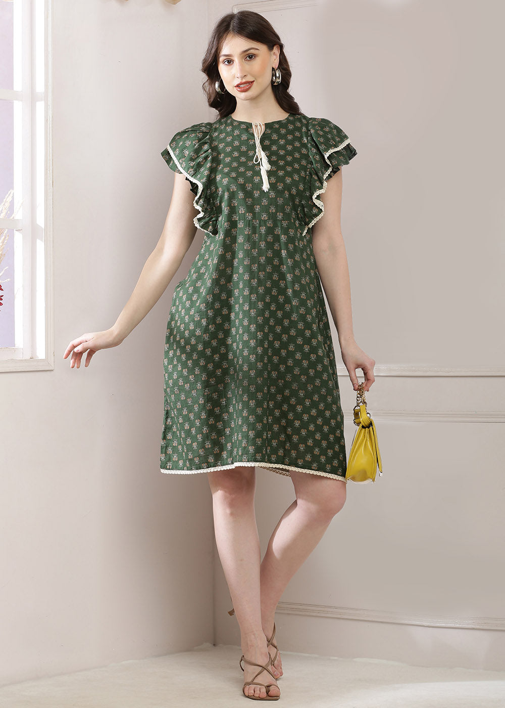 A-Line Dress In A Stunning Olive Green Print