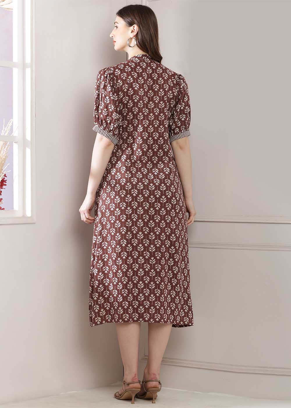 A-Line Dress In A Stunning Brown Colour, Featuring A Corset Design And A Stylish Front Slit