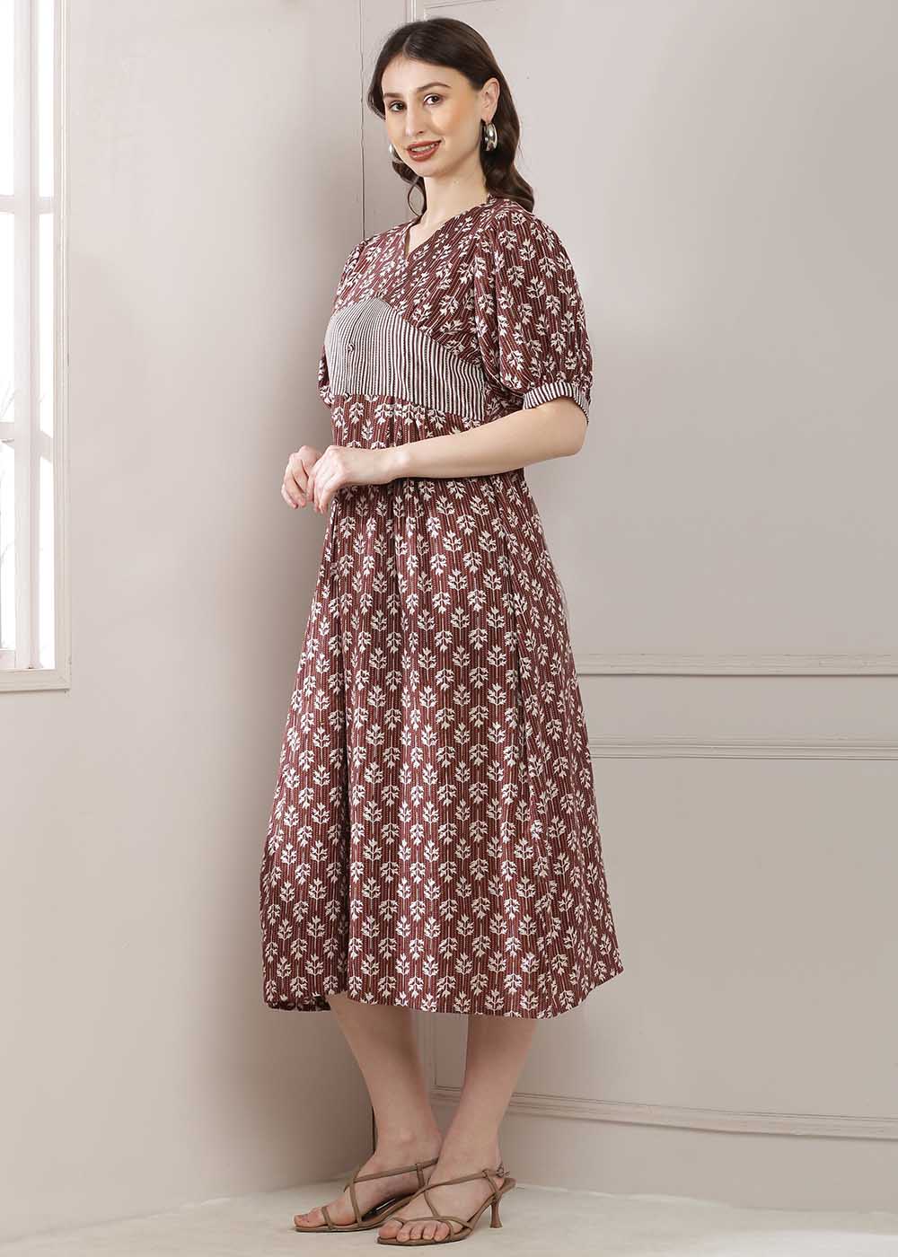 A-Line Dress In A Stunning Brown Colour, Featuring A Corset Design And A Stylish Front Slit