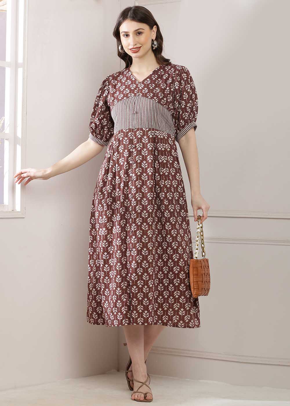 A-Line Dress In A Stunning Brown Colour, Featuring A Corset Design And A Stylish Front Slit