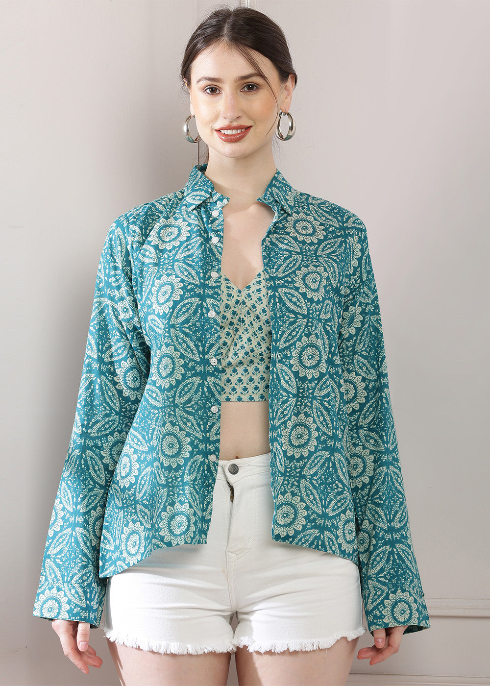 Green Printed Shirt Bralette Set