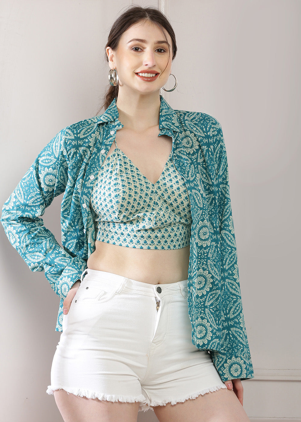 Green Printed Shirt Bralette Set