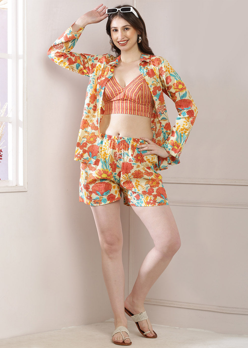 Flower Print Shirt Bralette Set, Complete With Matching Shorts