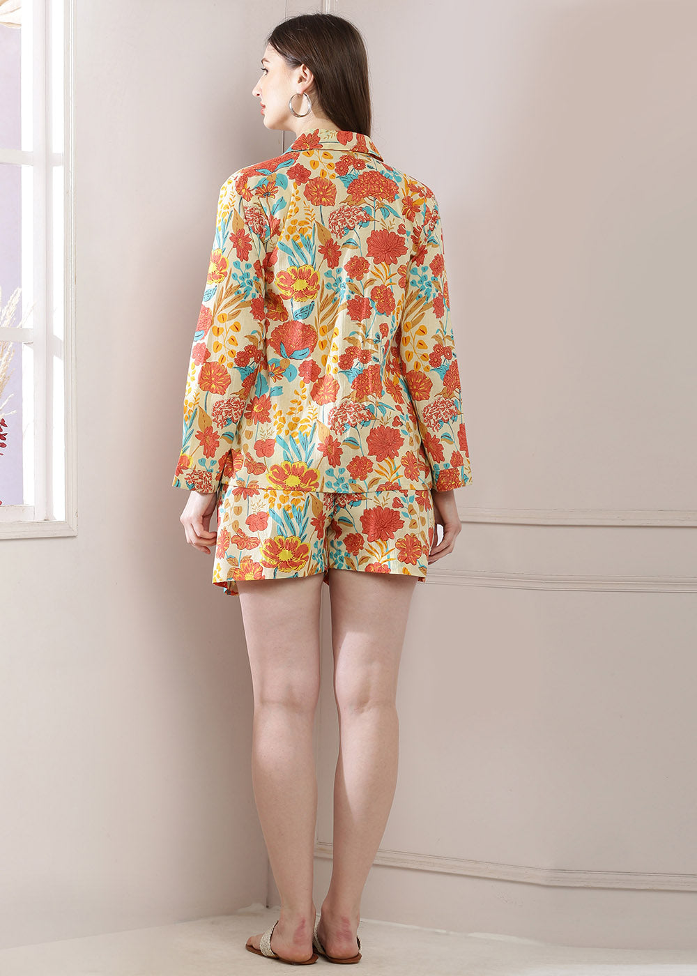 Flower Print Shirt Bralette Set, Complete With Matching Shorts