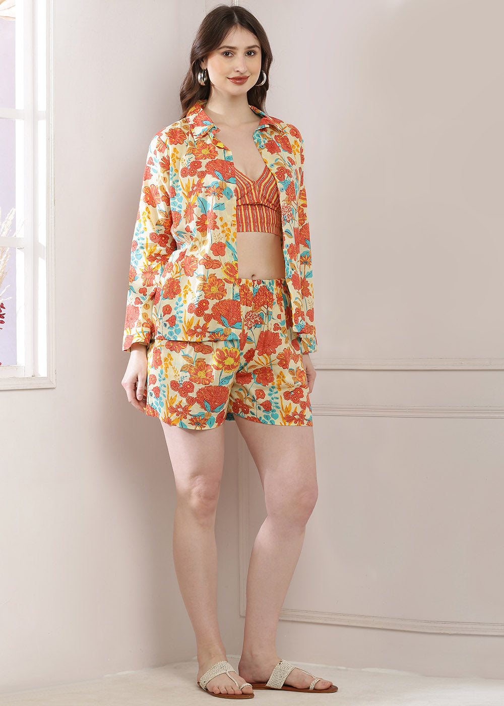 Flower Print Shirt Bralette Set, Complete With Matching Shorts