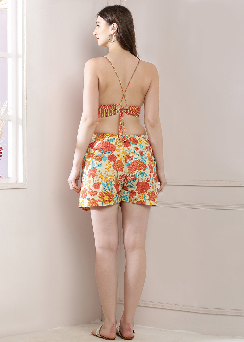 Flower Print Shirt Bralette Set, Complete With Matching Shorts