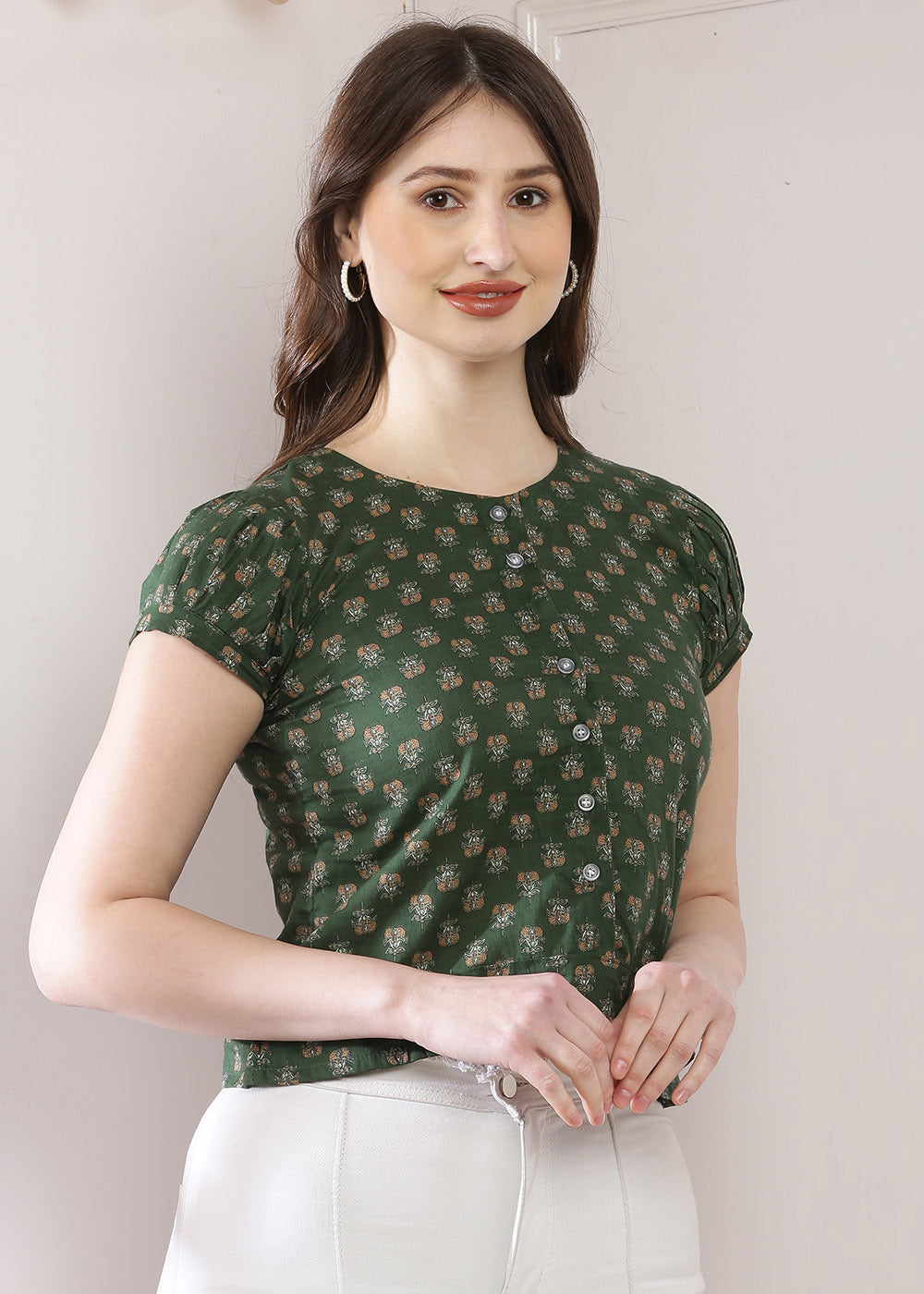 Crop Top With Puffy Sleeves In Olive Green Colour