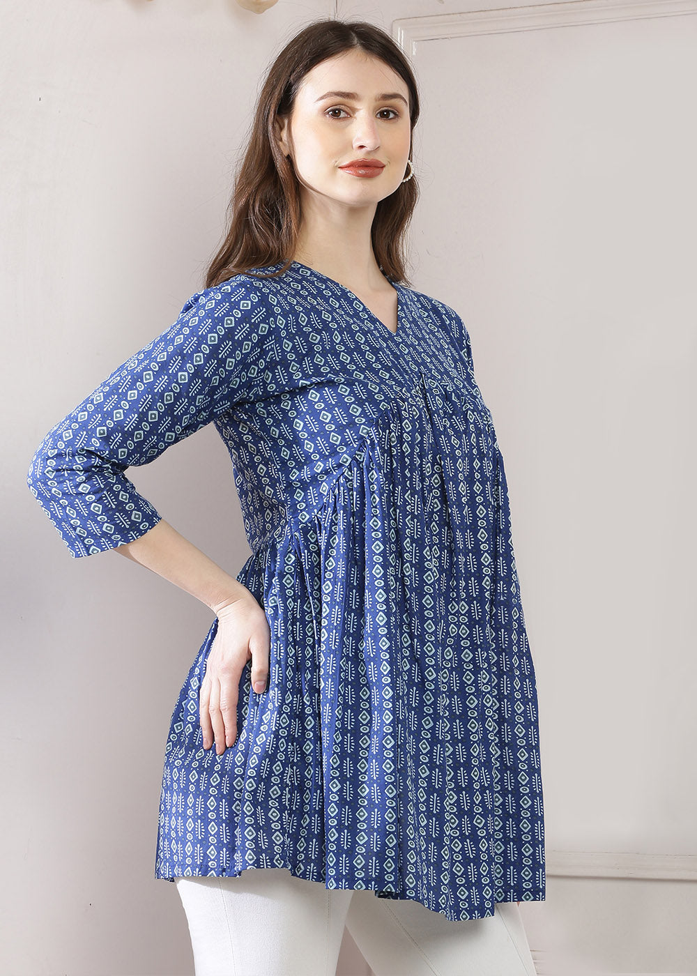 Blue Top With Gathered Detail