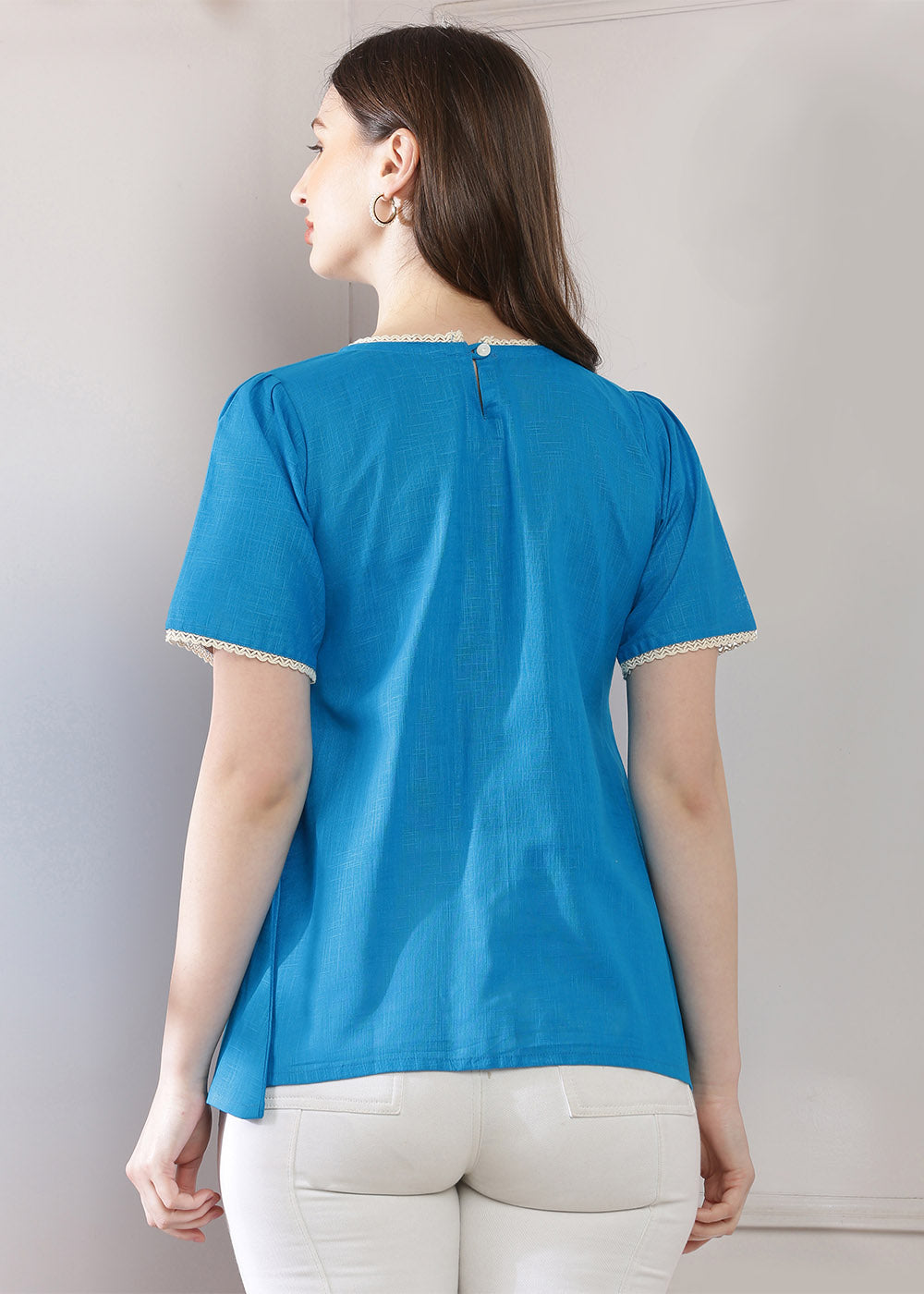 Blue Lace Panel Top Featuring Puff Sleeves