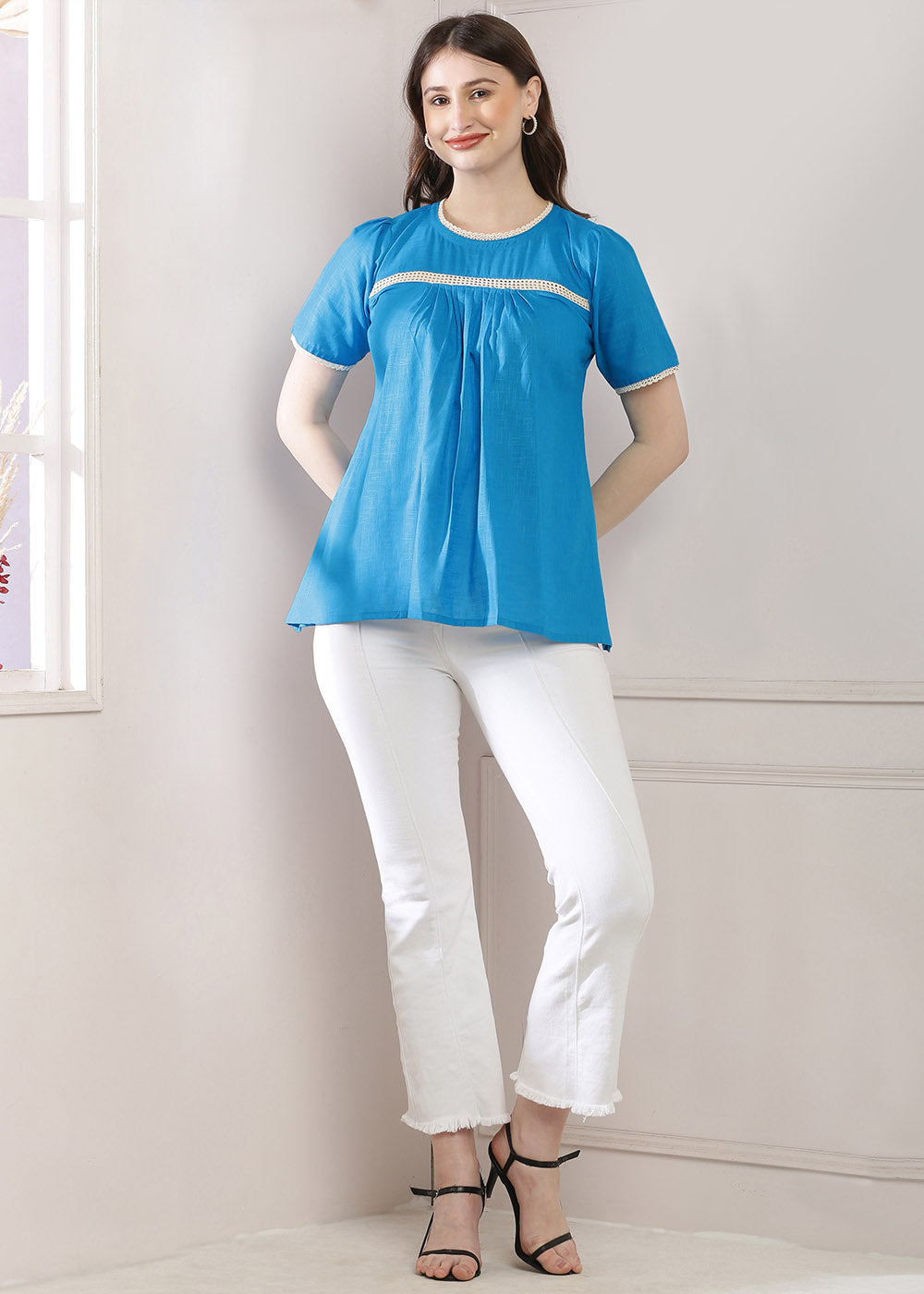 Blue Lace Panel Top Featuring Puff Sleeves