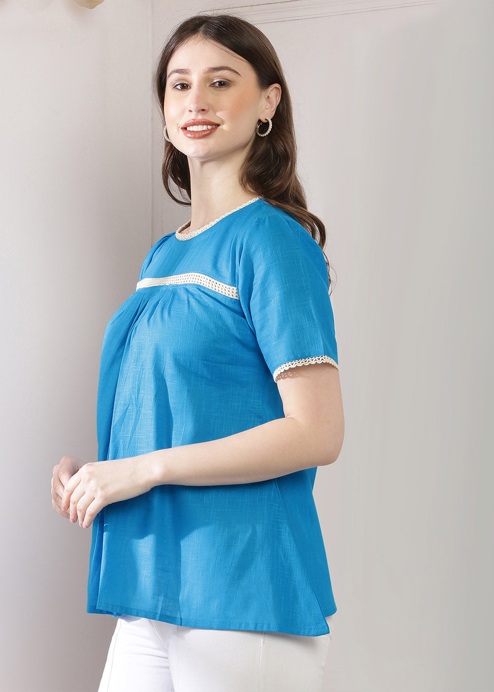 Blue Lace Panel Top Featuring Puff Sleeves