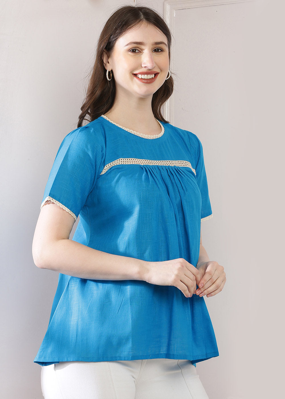 Blue Lace Panel Top Featuring Puff Sleeves