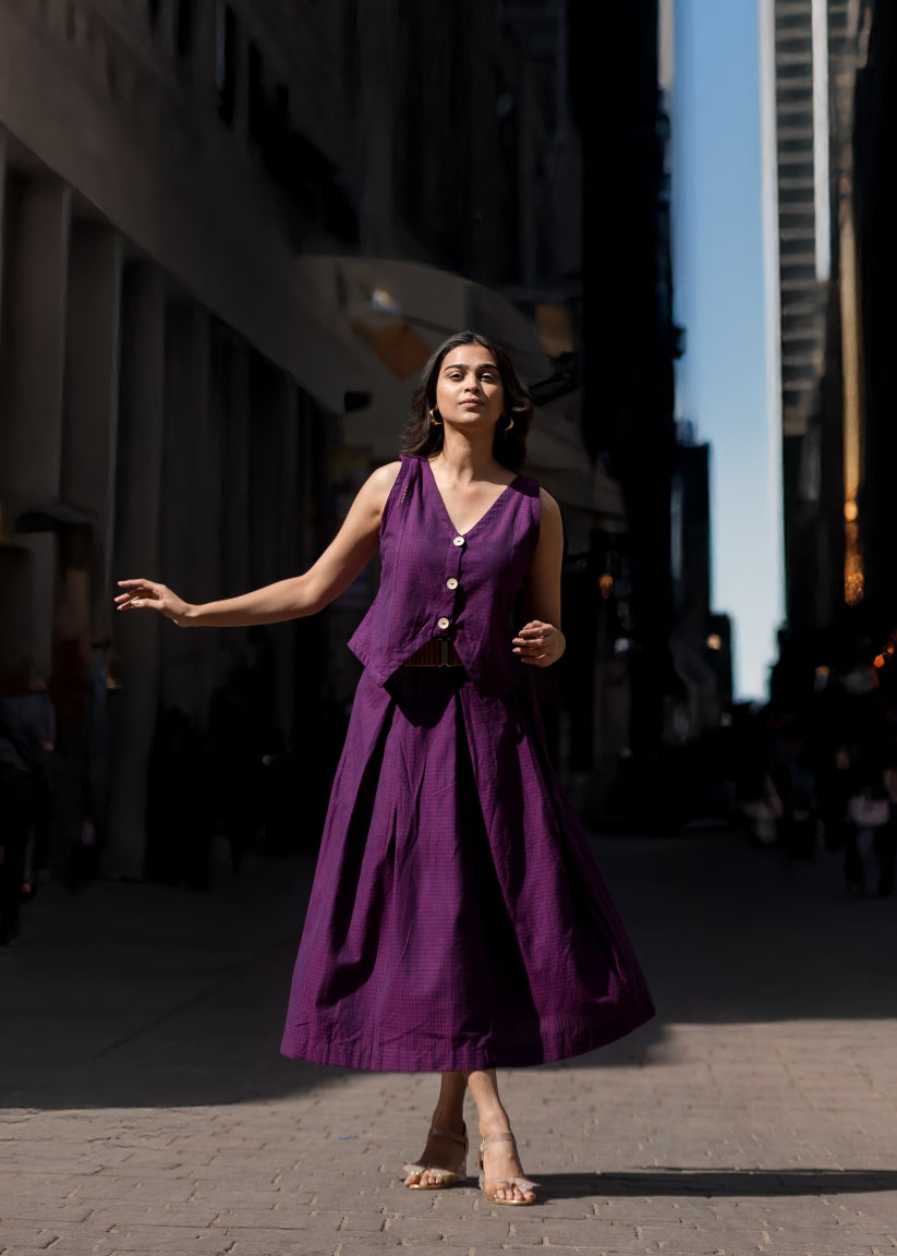 Sleeveless Vest and High-Waisted Box Pleated Midi Skirt Set
