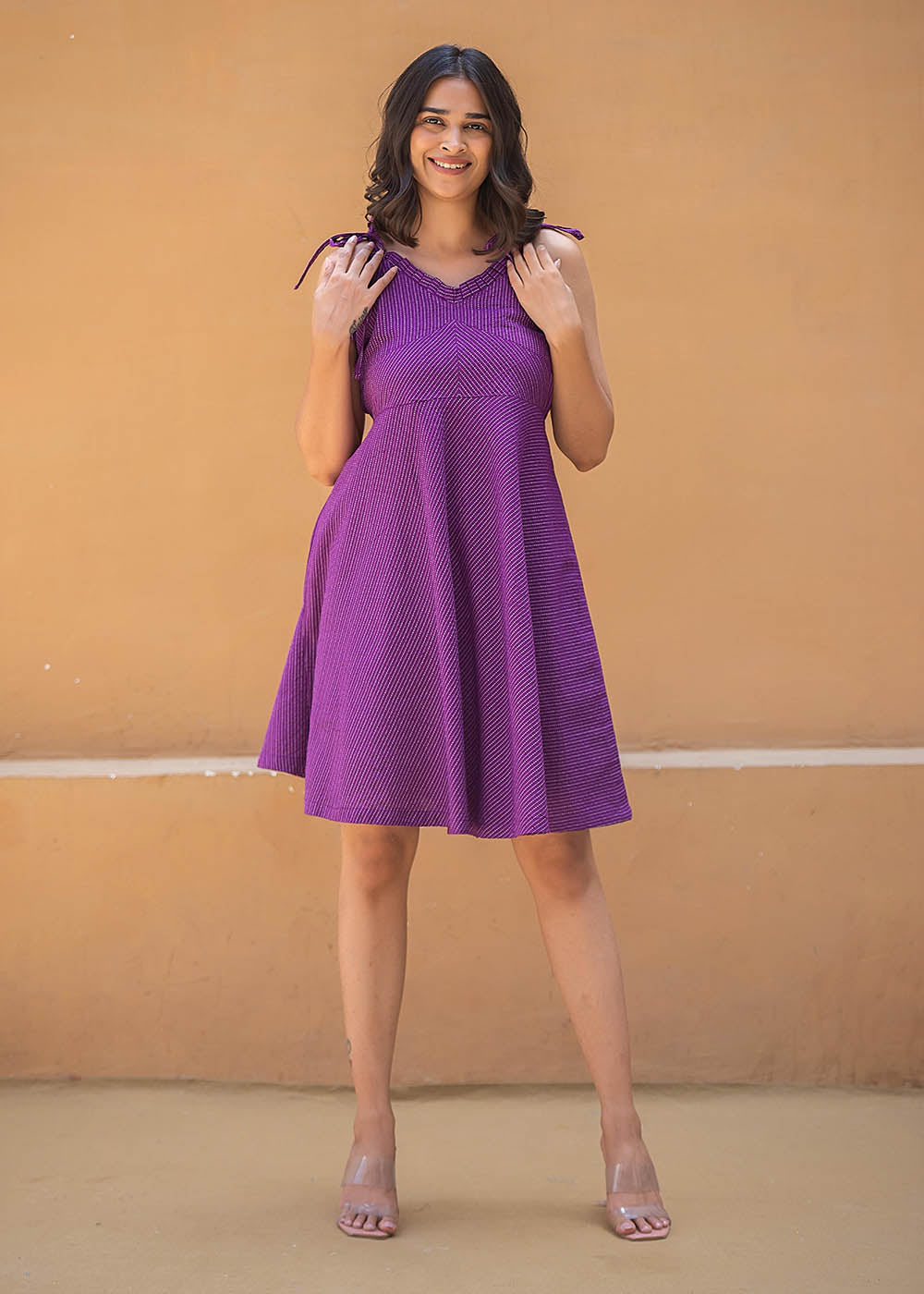 Fit & Flare Spaghetti Dress In Purple Colour