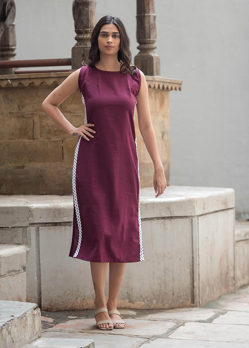 Maroon Straight Fit Dress With Lace Detailing