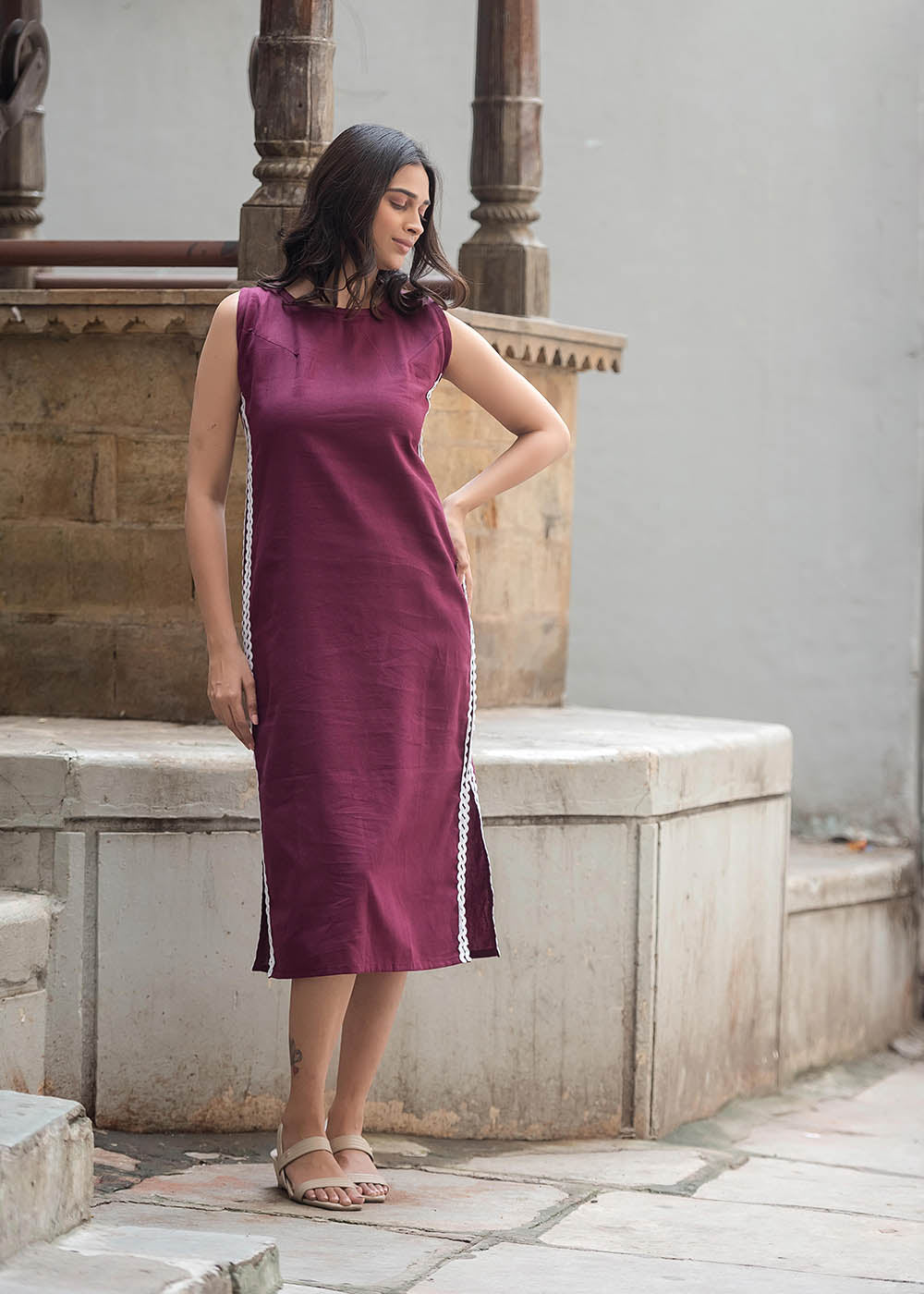 Maroon Straight Fit Dress With Lace Detailing