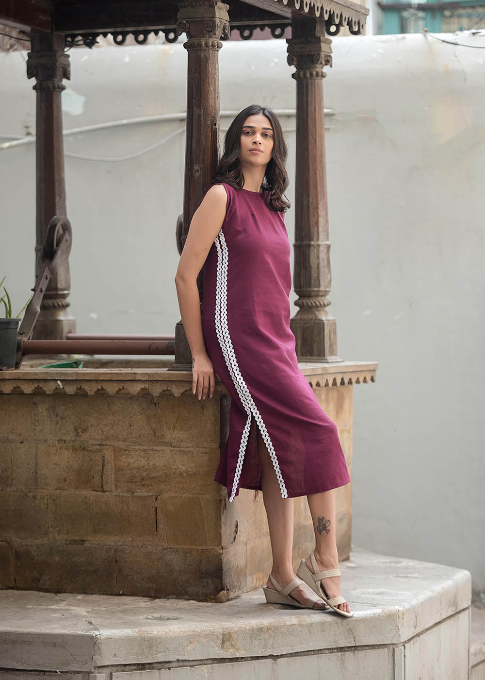 Maroon Straight Fit Dress With Lace Detailing