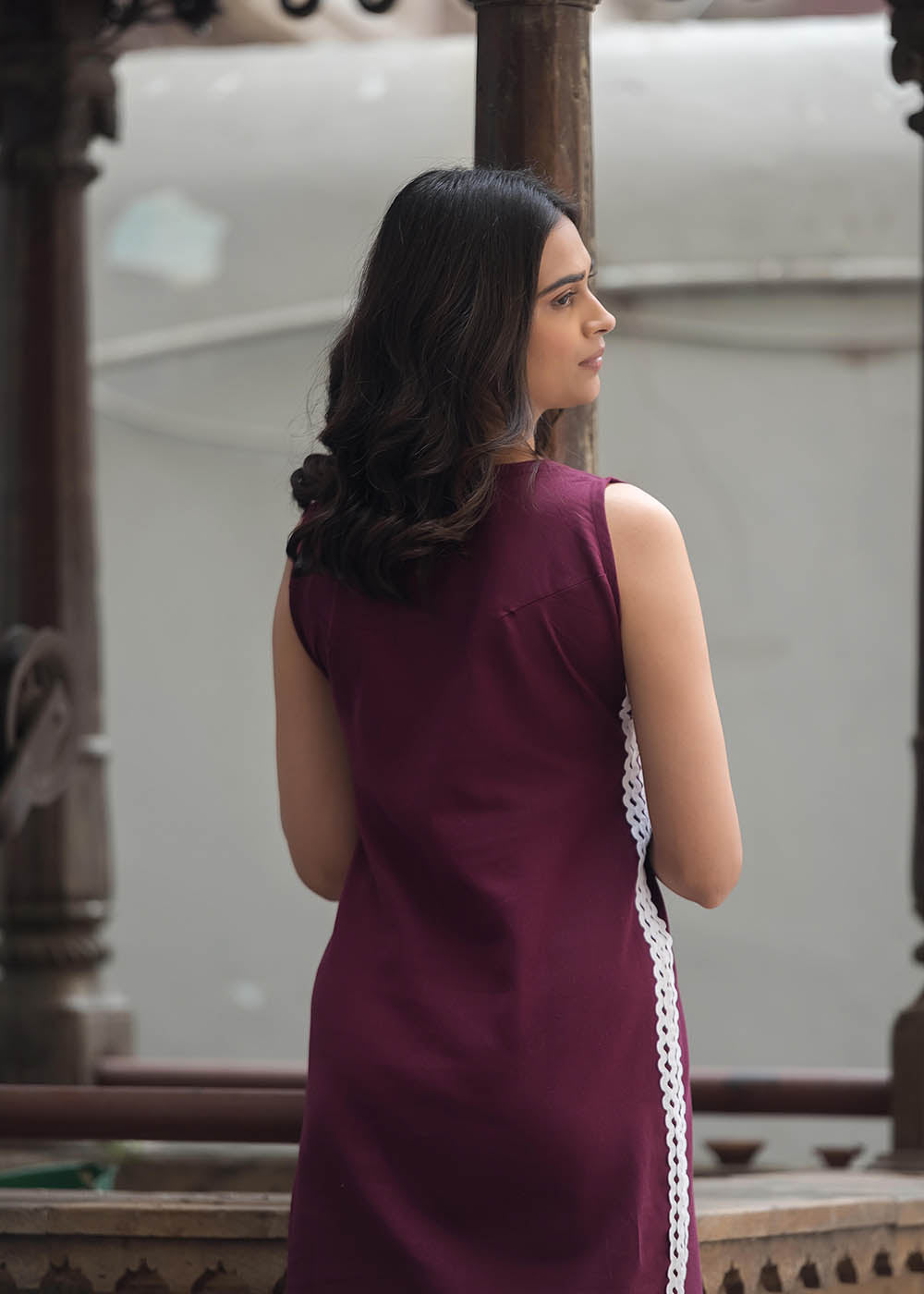 Maroon Straight Fit Dress With Lace Detailing