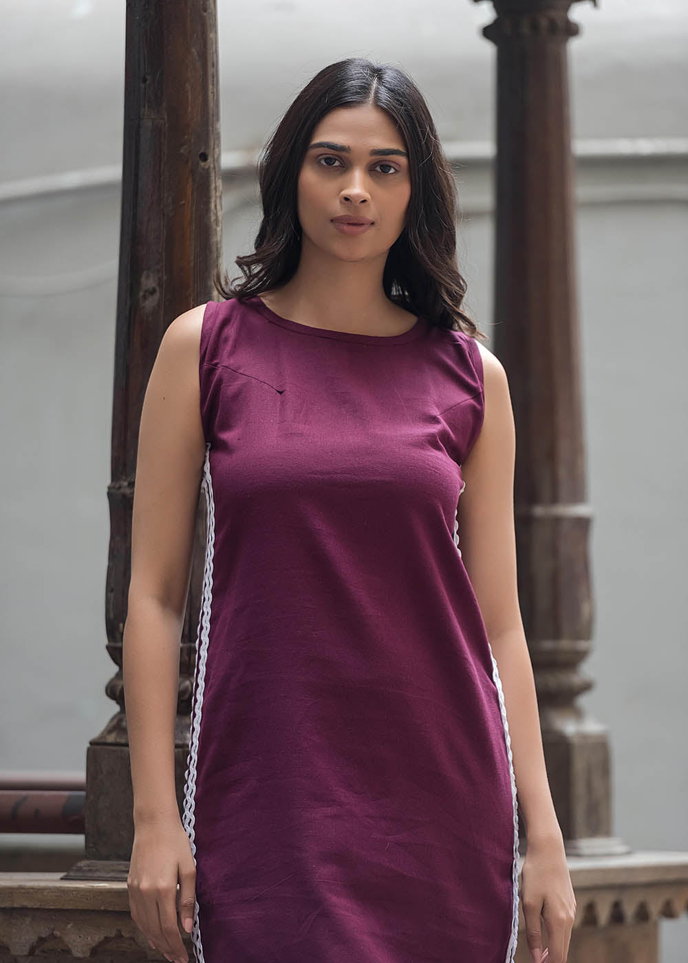 Maroon Straight Fit Dress With Lace Detailing