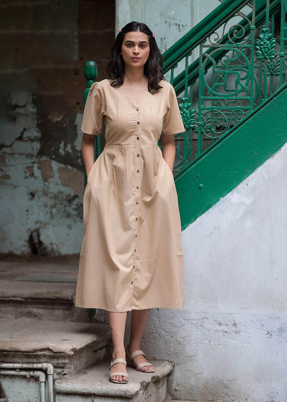 A-Line Dress With A Corset Design With Belt & Pocket