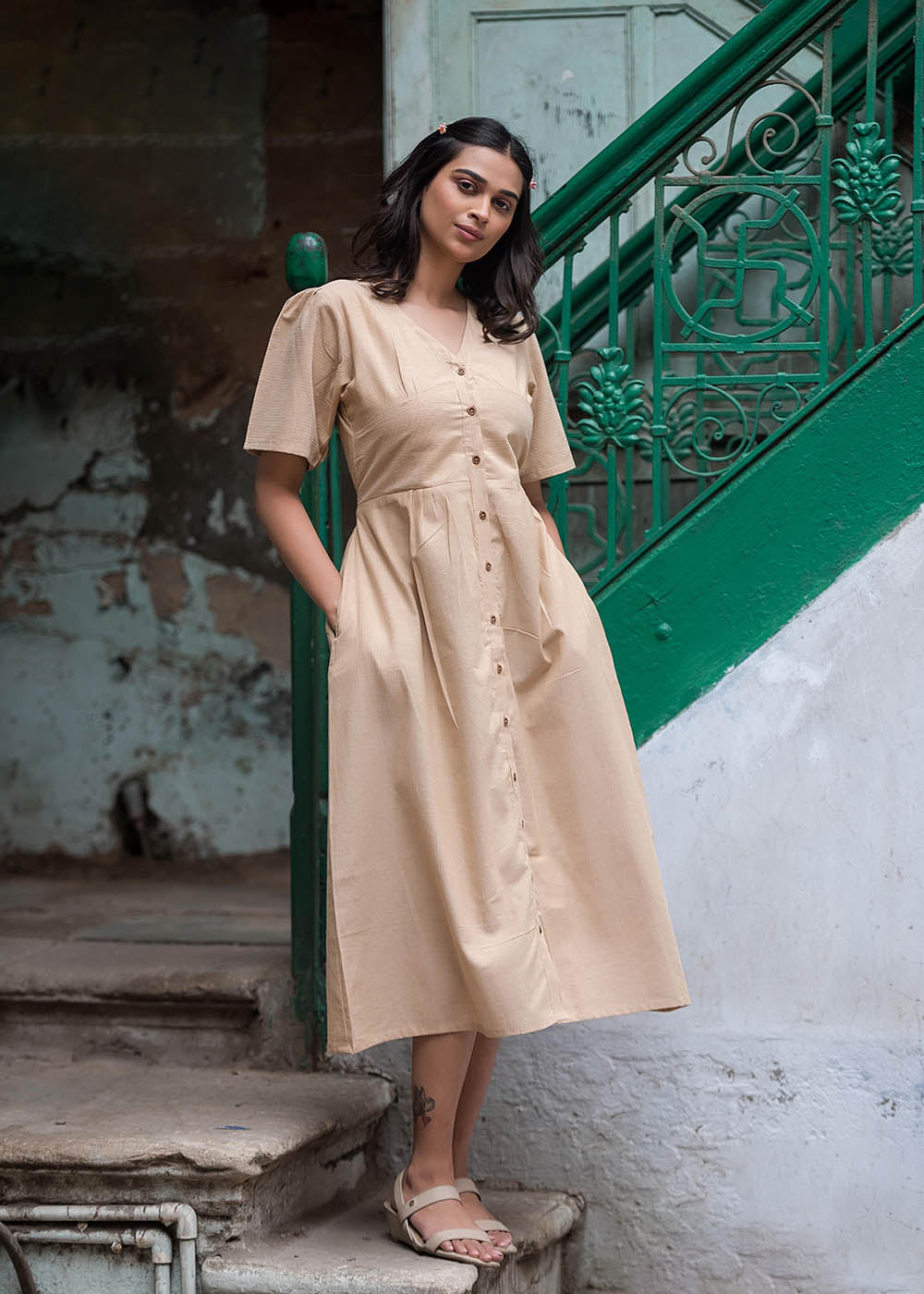 A-Line Dress With A Corset Design With Belt & Pocket